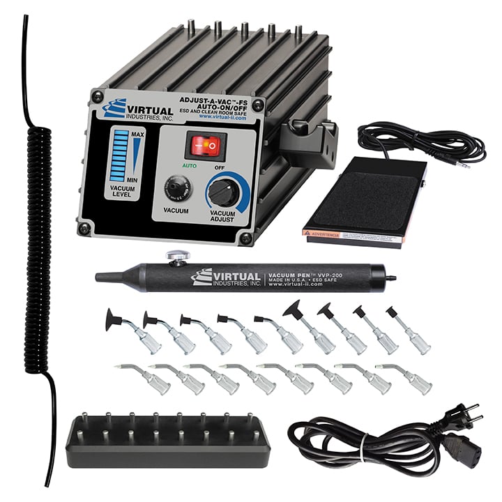 AV-6000A-FS-SP8-BD-220, 220 VOLT AC, ADJUST-A-VAC™ AUTO-ON/OFF ELITE ESD-SAFE Kit With Foot Switch, ESD-SAFE Delrin Small Parts Tips And Buna-N Static Dissipative Non-Marking Vacuum Cups With Probes