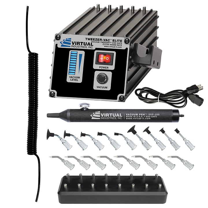 TV-1500-ELITE-SP8-BD-110, 110 VOLT AC, TWEEZER VAC™ Elite ESD-SAFE Kit, With Delrin Small Parts Tips And Buna-N Static Dissipative Non-Marking Vacuum Cups With Probes