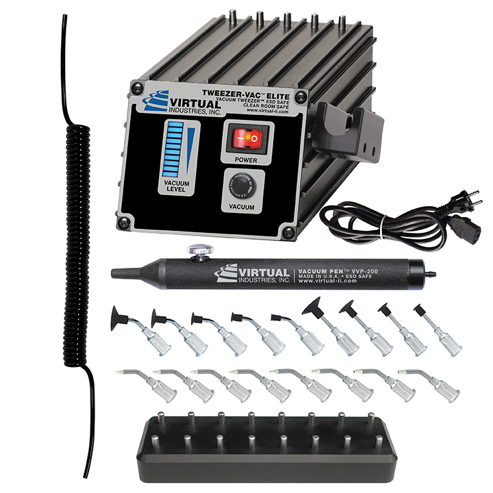 TV-1500-ELITE-SP8-BD-220, 220 VOLT AC, TWEEZER VAC™ Elite ESD-SAFE Kit with ESD-SAFE Delrin Small Parts Tips And Buna-N Static Dissipative Non-Marking Vacuum Cups With Probes