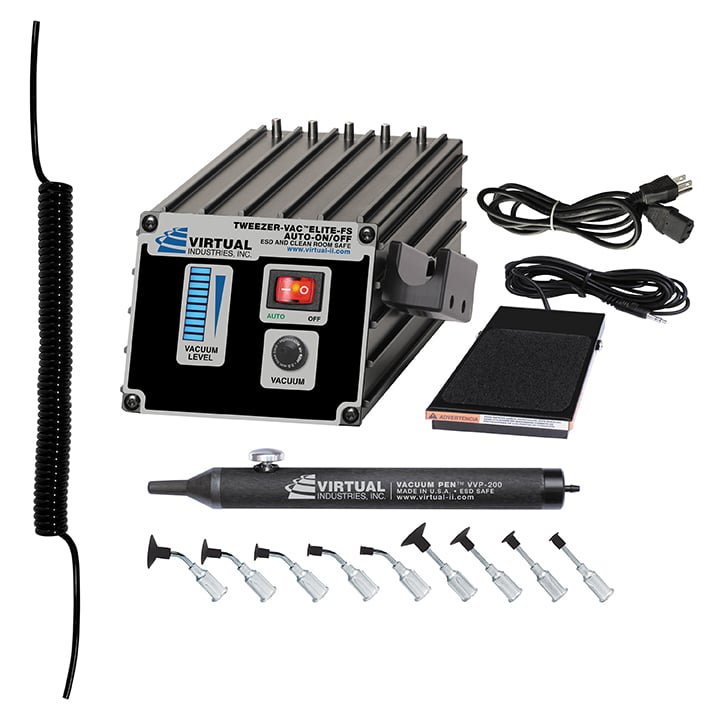 TV-1500A-ELITE-FS-110, 110 VOLT AC, TWEEZER-VAC™ ELITE AUTO-ON/OFF ESD-SAFE Kit With Foot Switch And Buna-N Static Dissipative Non-Marking Vacuum Cups With Probes