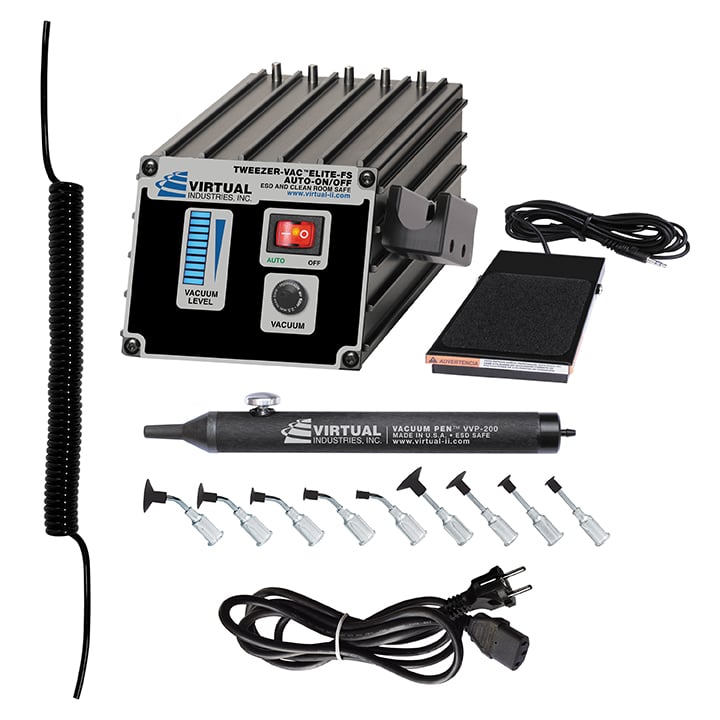 TV-1500A-ELITE-FS-220, 220 VOLT AC, TWEEZER-VAC™ ELITE AUTO-ON/OFF ESD-SAFE Kit With Foot Switch And Buna-N Static Dissipative Non-Marking Vacuum Cups With Probes