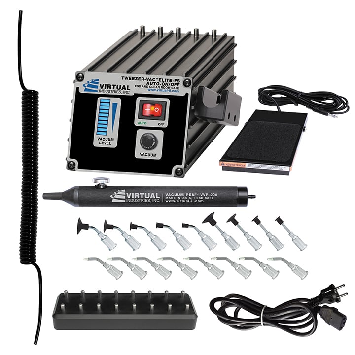 TV-1500A-ELITE-FS-SP8-BD-220, 220 VOLT AC, TWEEZER-VAC™ ELITE AUTO-ON/OFF ESD-SAFE Kit With Foot Switch, ESD-SAFE Delrin Small Parts Tips And Buna-N Static Dissipative Non-Marking Vacuum Cups With Probes