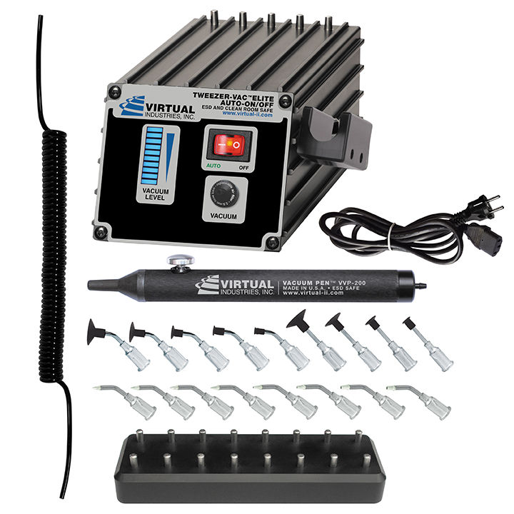 TV-1500A-ELITE-SP8-BD-220, 220 VOLT AC, TWEEZER-VAC™ ELITE AUTO-ON/OFF ESD-SAFE Kit With ESD-SAFE Delrin Small Parts Tips And Buna-N Static Dissipative Non-Marking Vacuum Cups With Probes