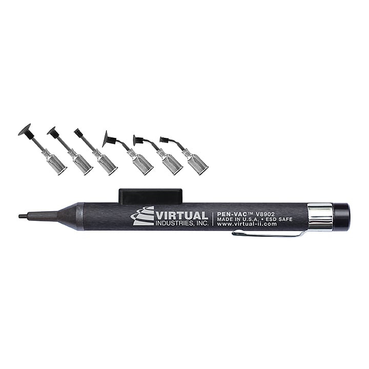 V8902-LMS-B, PEN-VAC™, Black Anodized Aluminum Laser Marked Body Vacuum Pen, ESD-SAFE Kit With 6 Buna-N Static Dissipative Non-Marking Vacuum Cups With Probes